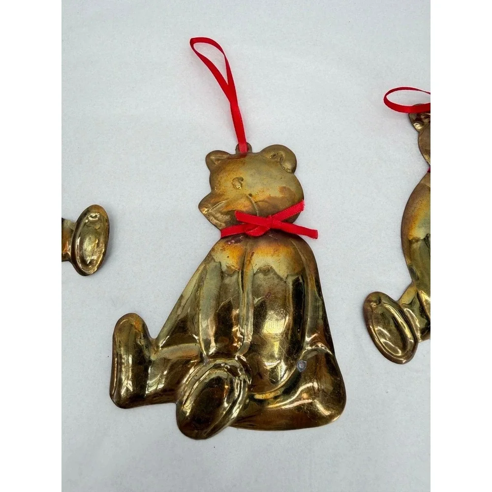 Dept 56 Teddy Bear Shaped Ornaments Brass Vintage Set 3 Holiday Hong Kong Retro